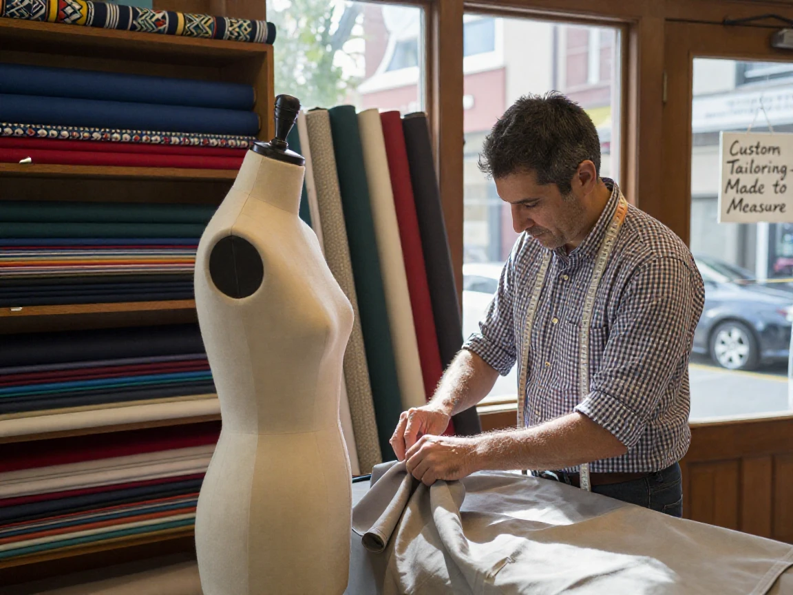 A tailor pins fabric on a mannequin in a shop window filled with bolts of cloth.