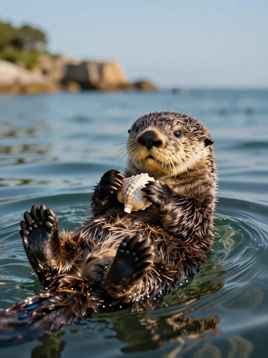 A tiny sea otter floating on its back cracking open a shell on its belly