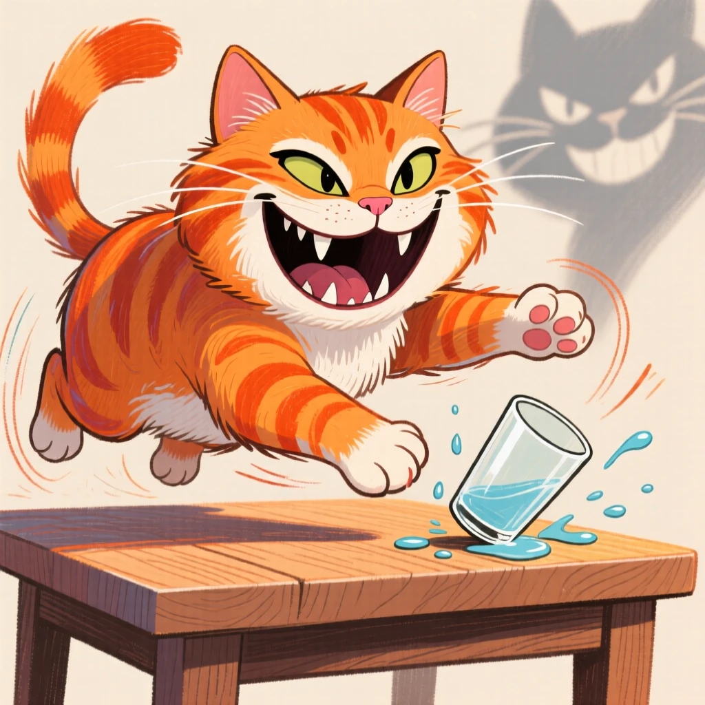 A mischievous orange tabby cat knocking a glass off a table with a sly grin.