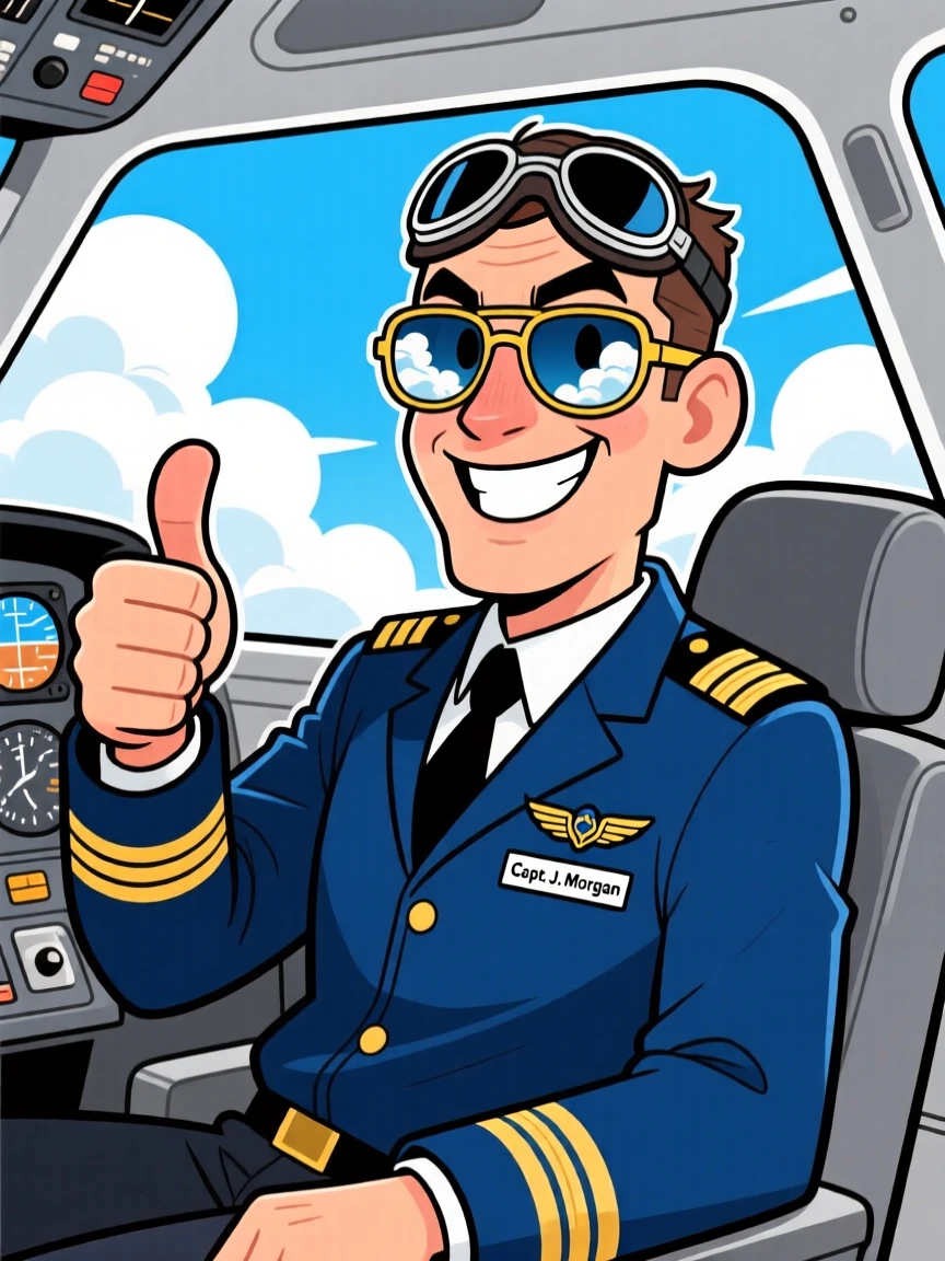 A vibrant profession-themed portrait of a confident pilot in the cockpit giving a thumbs up, aviator sunglasses reflecting the clouds.