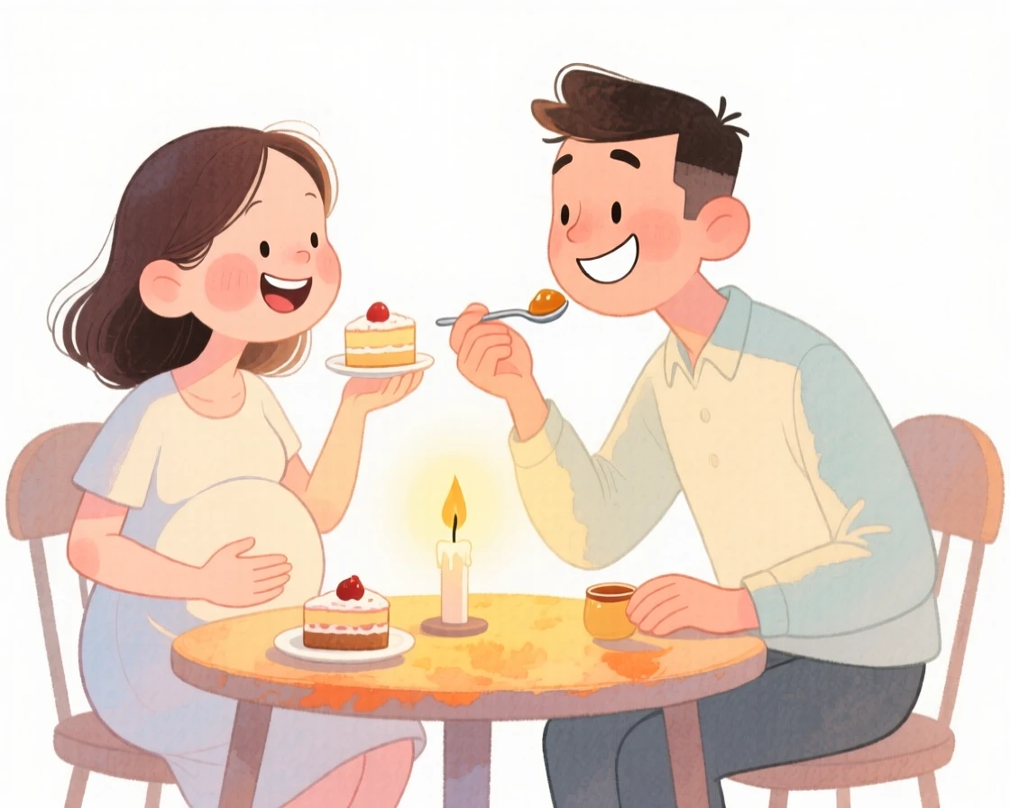A couple expecting their first child, hands resting on a belly feeding each other bites of dessert at a candlelit table