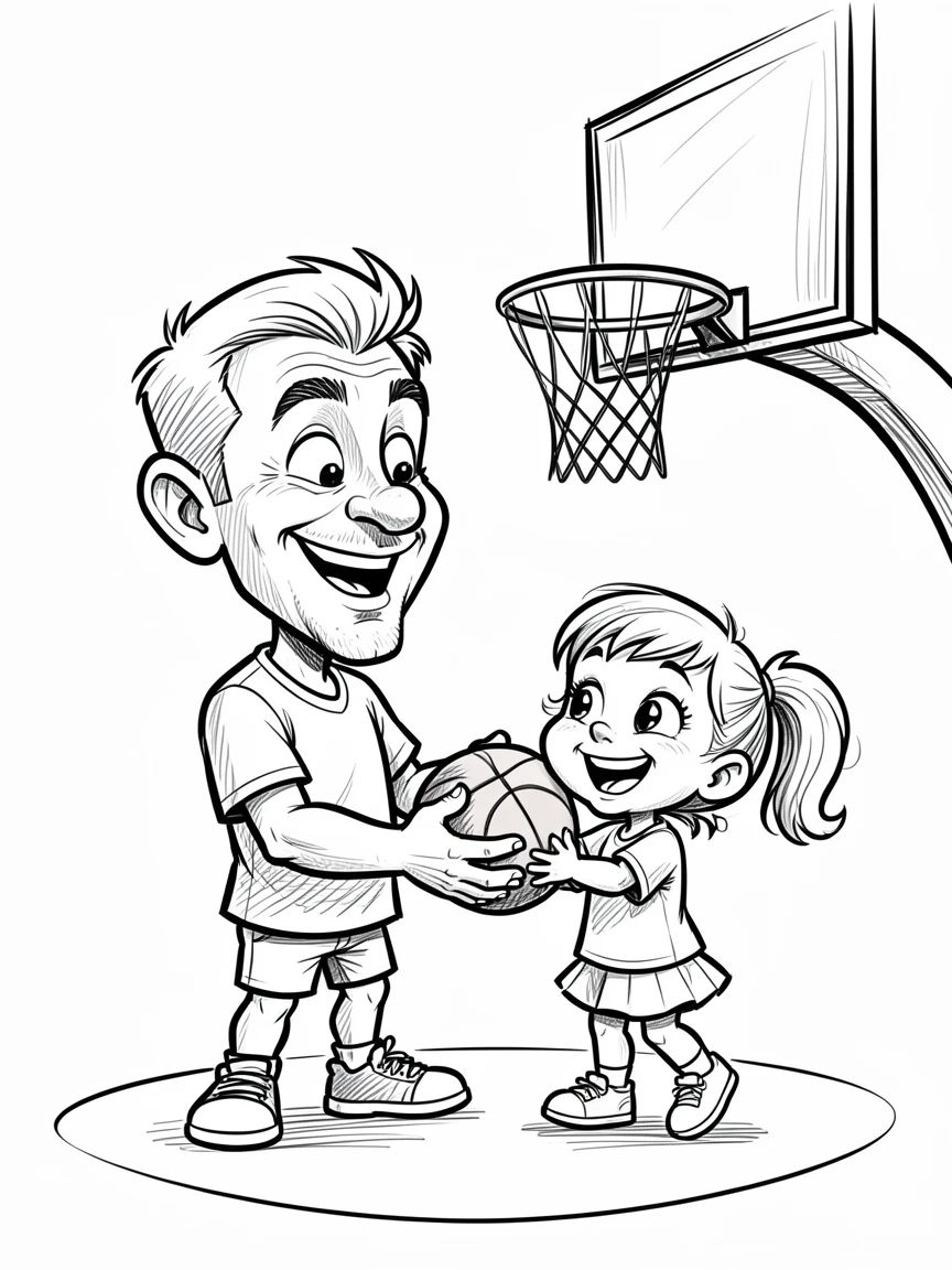[Family & Relationship Moments] Heartwarming scene of a father teaching his daughter to shoot a basketball hoop, radiating love and warmth
