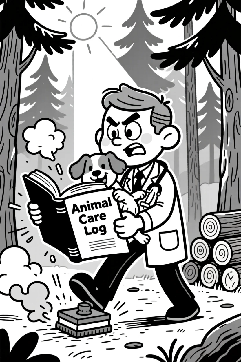 A dedicated veterinarian cradling a wiggly puppy, stamping a book with dramatic force, set in a dense pine forest with a woodpile nearby. Chalk dust floats in a sunbeam. It feels like a warm nod to the people who keep the world running.