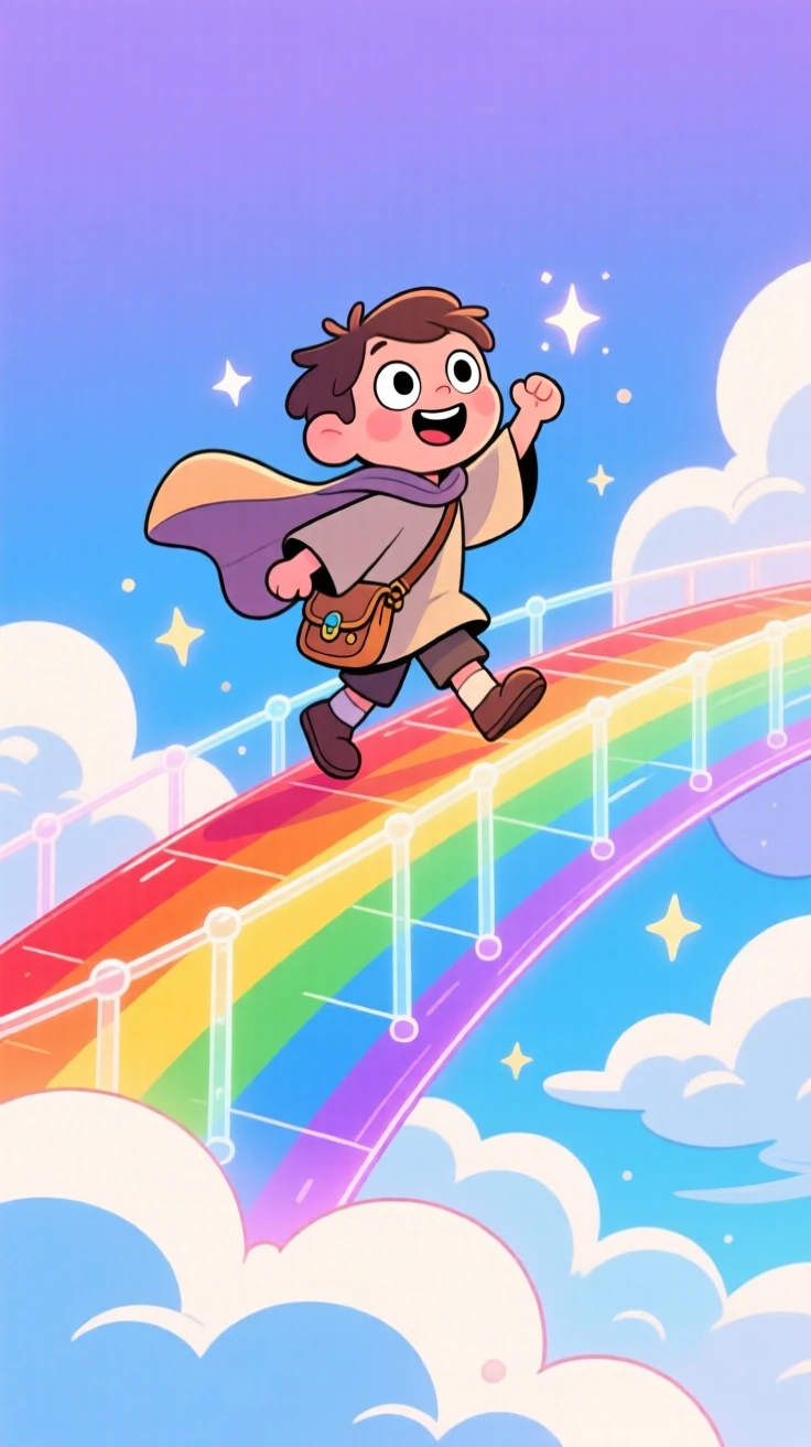 A cloud-walking traveler crossing a bridge made of rainbow light.