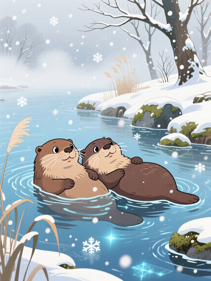 A pair of otters floating together on their backs, as gentle snow drifts down around it, radiating pure charm.