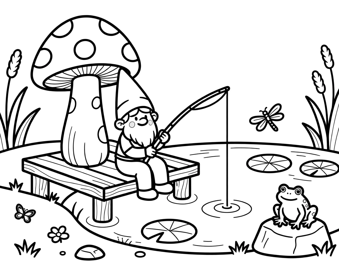 A gnome fishing from a mushroom-shaped dock by a pond