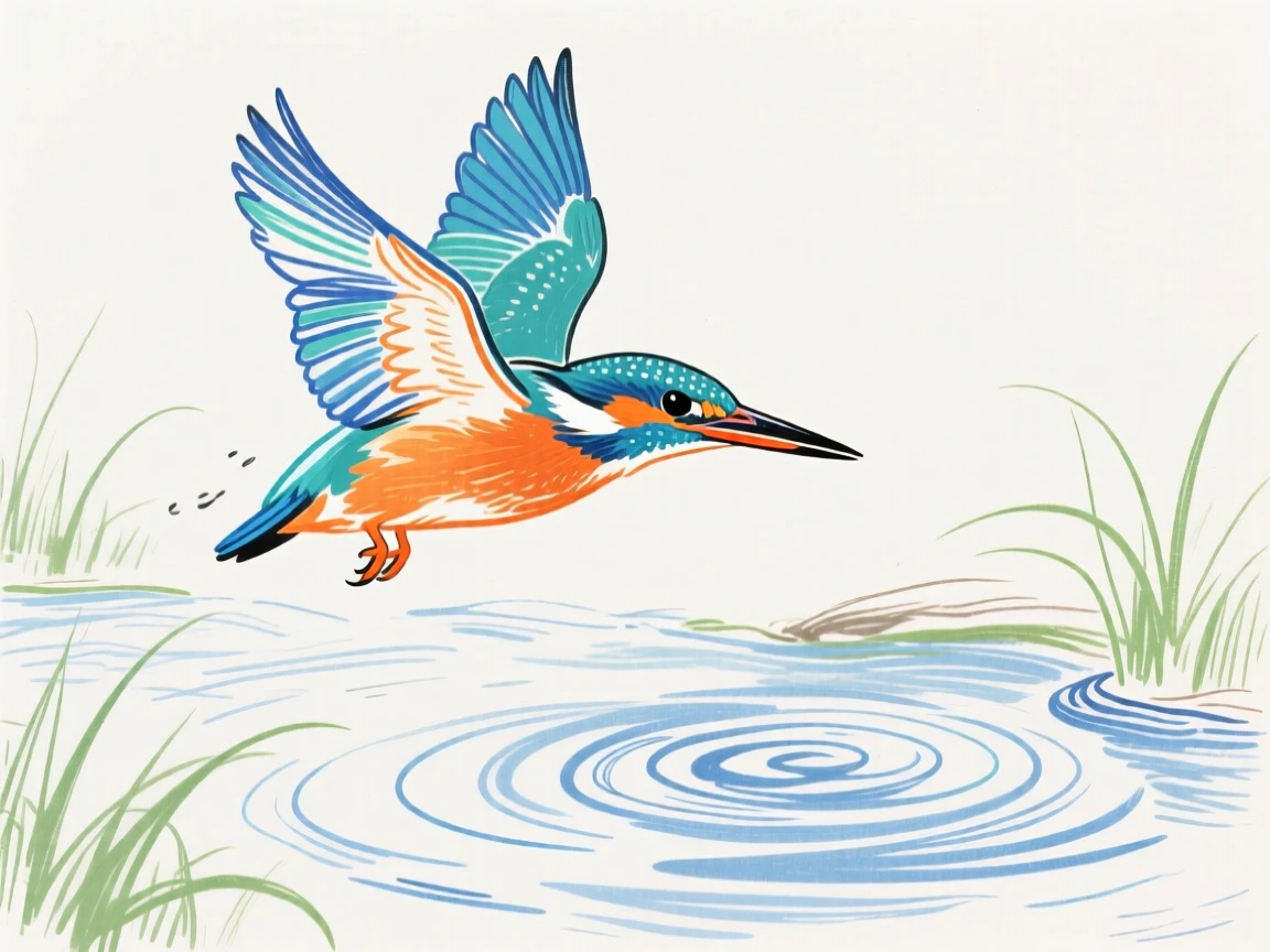 A kingfisher diving toward a rippling stream.