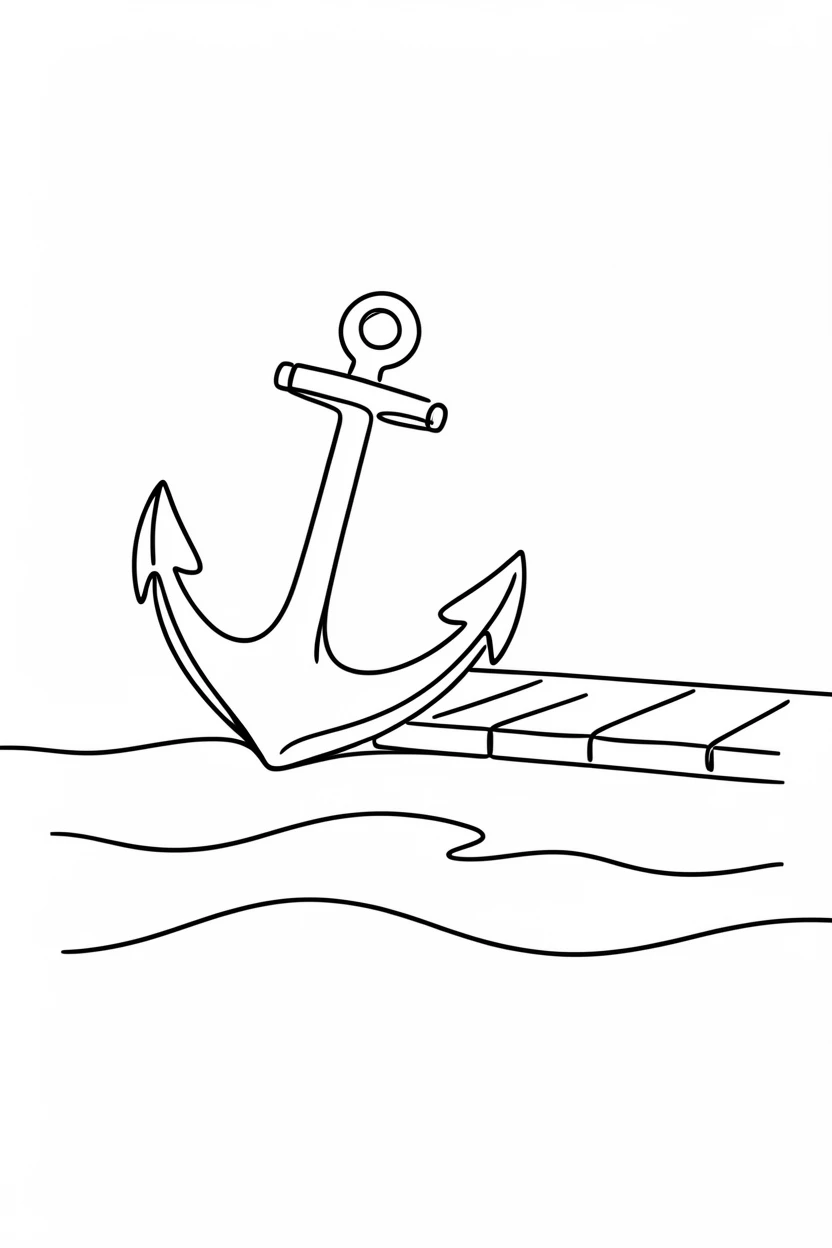 A single anchor resting on a dock beside calm harbor water, representing stability
