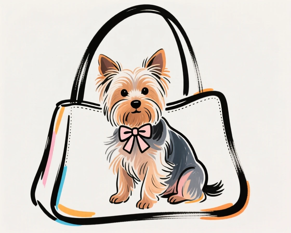 A Yorkshire terrier with a bow in its fur sitting in a handbag.