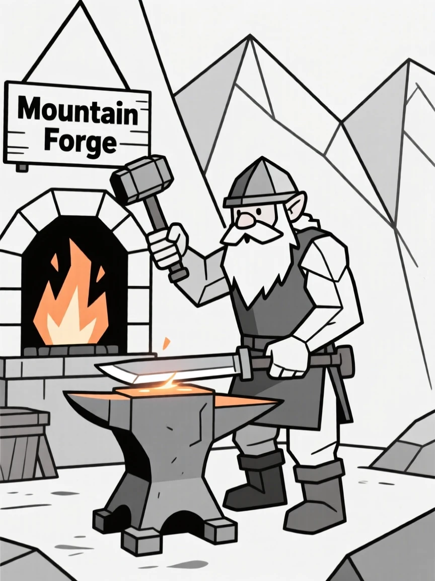 A dwarf blacksmith forging a weapon in a mountain forge