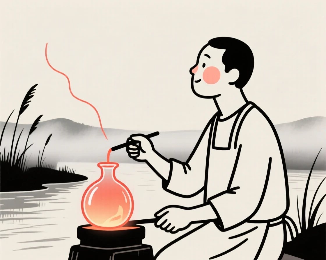 A glassblower of nigerian heritage shaping molten glass, looking hopeful toward the horizon, on a misty riverbank.