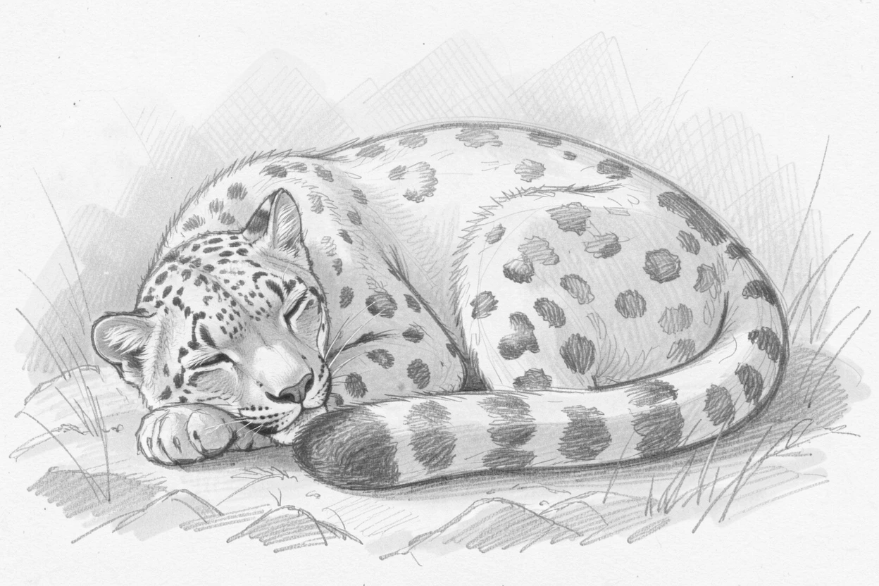 A majestic snow leopard napping in a patch of warm sunlight, framed by soft morning mist.