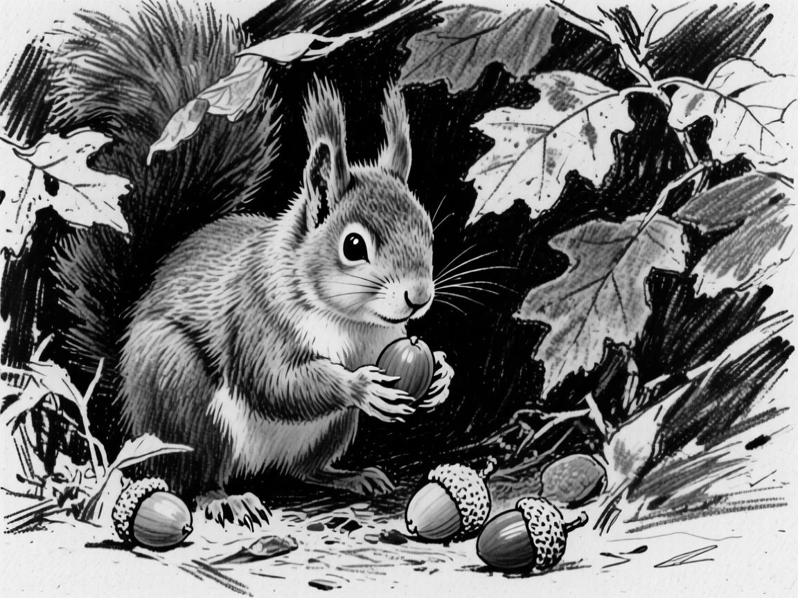 A squirrel gathering acorns peeking out curiously from behind foliage.