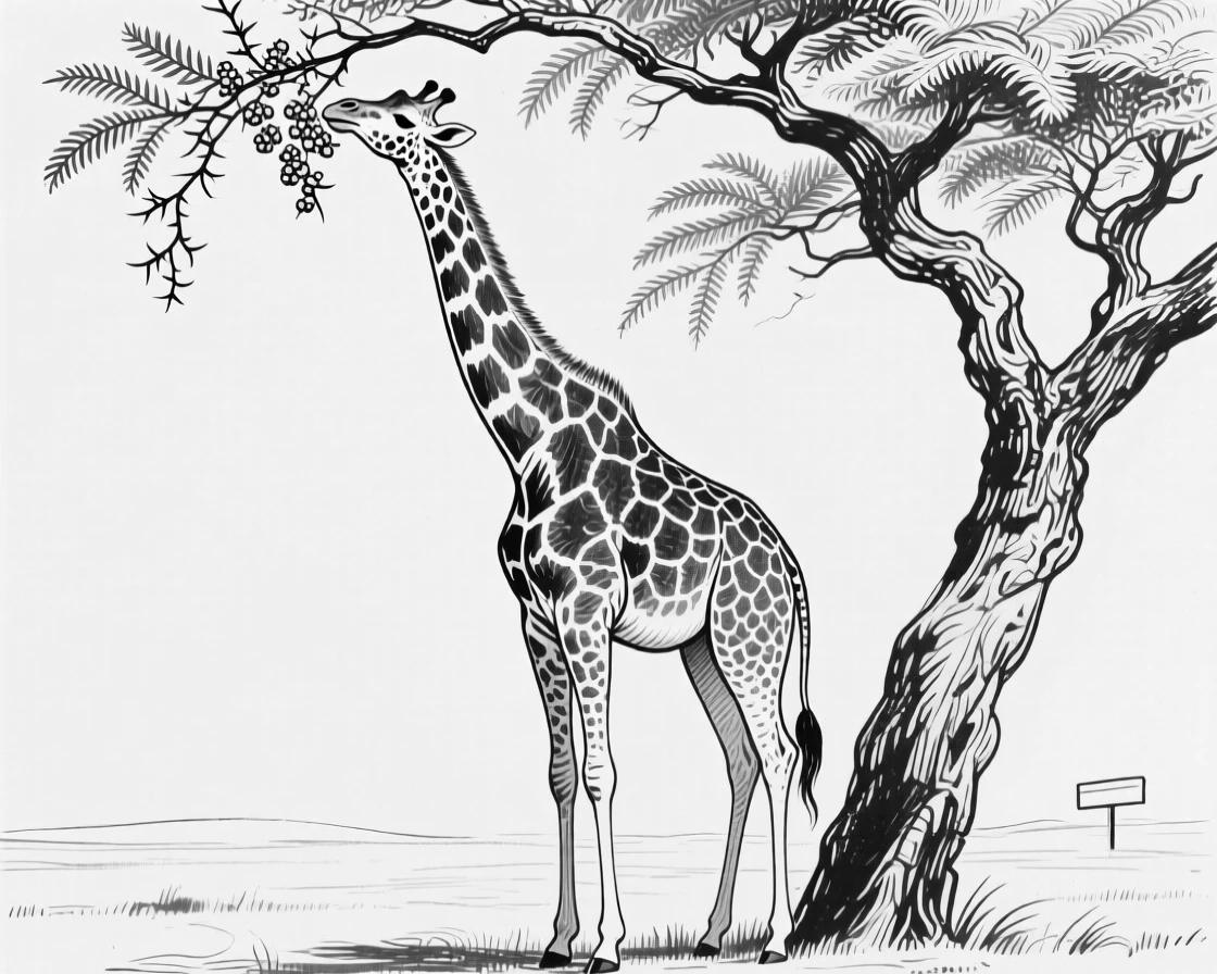 A giraffe reaching gracefully into the high branches of an acacia tree.