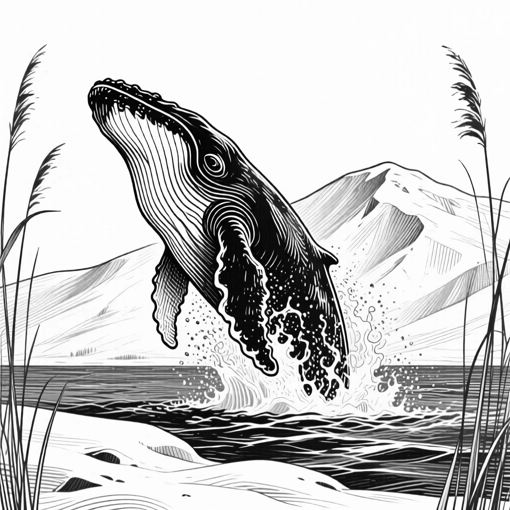 A whale breaching the surface on a snow-covered ridge, framed by tall reeds, capturing a calm and dignified moment in nature with a strong, centered focal point.