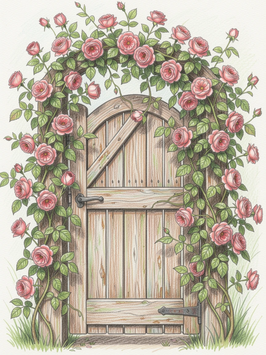 A climbing rose vine covering an old garden gate, arranged with soft, natural asymmetry for an effortless look, perfect for a peaceful, feminine, and timeless aesthetic.