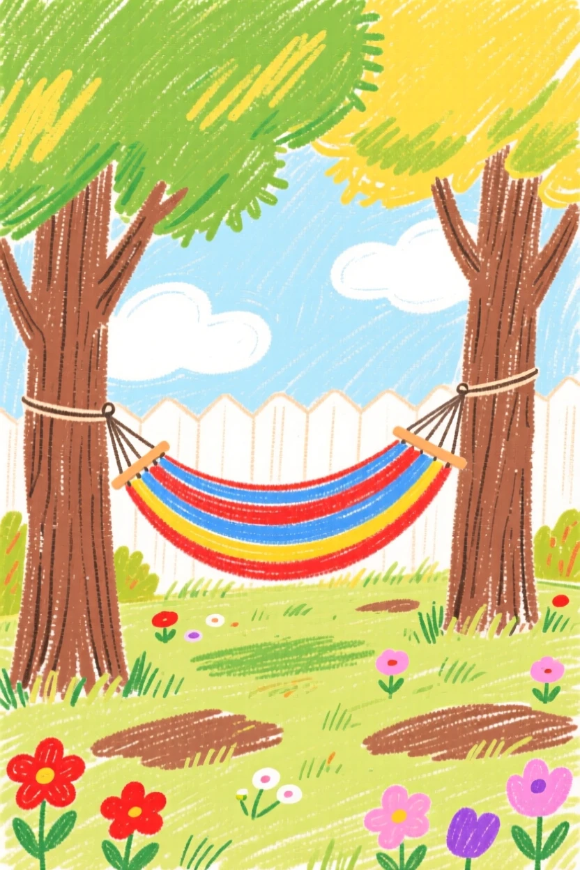 A hammock swaying gently between two trees in a backyard garden.
