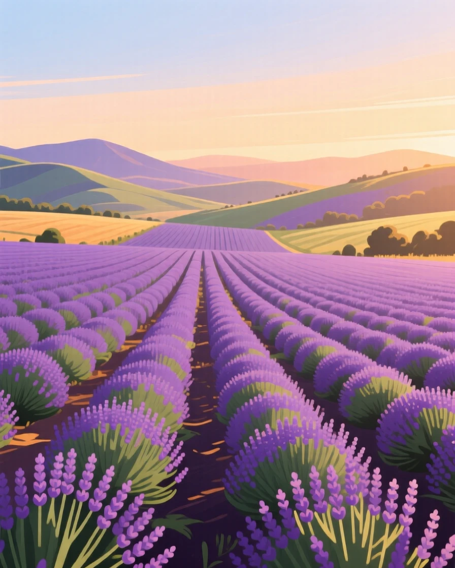 A field of lavender stretching toward distant hills, under warm golden hour lighting, shown from an elevated viewpoint overlooking the scene, with a fresh, crisp clarity that highlights every detail.