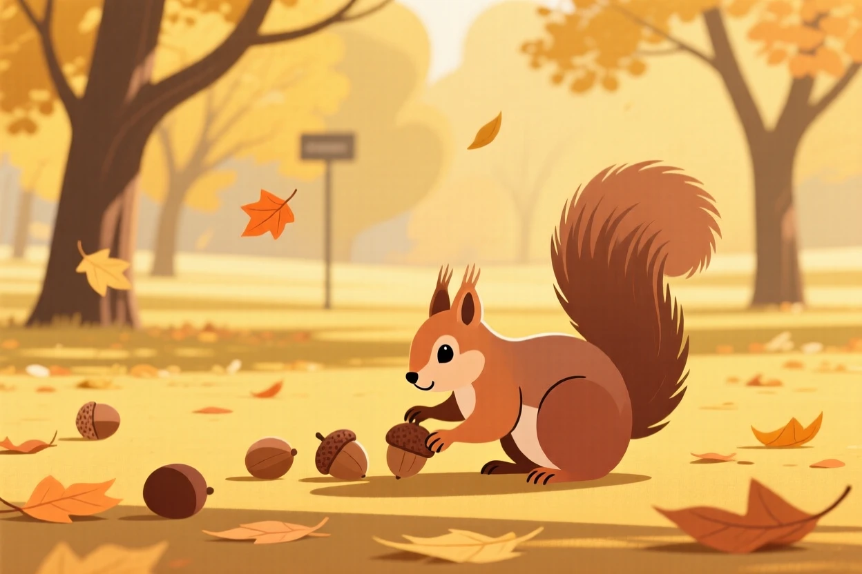 A squirrel gathering acorns in a golden autumn park.