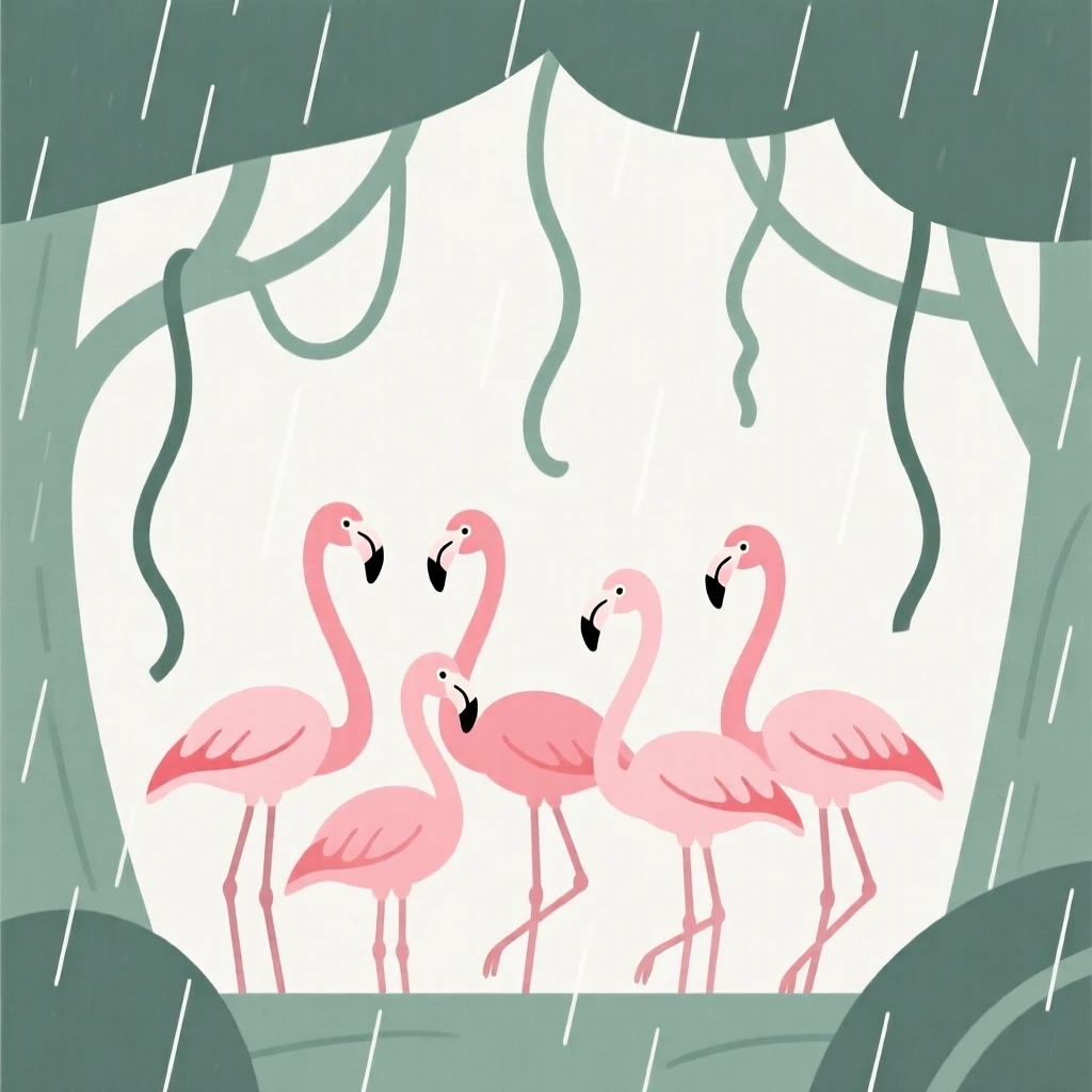 A curious flamingo flock pausing in a rainforest canopy, with hanging vines in the background, radiating calm contentment.