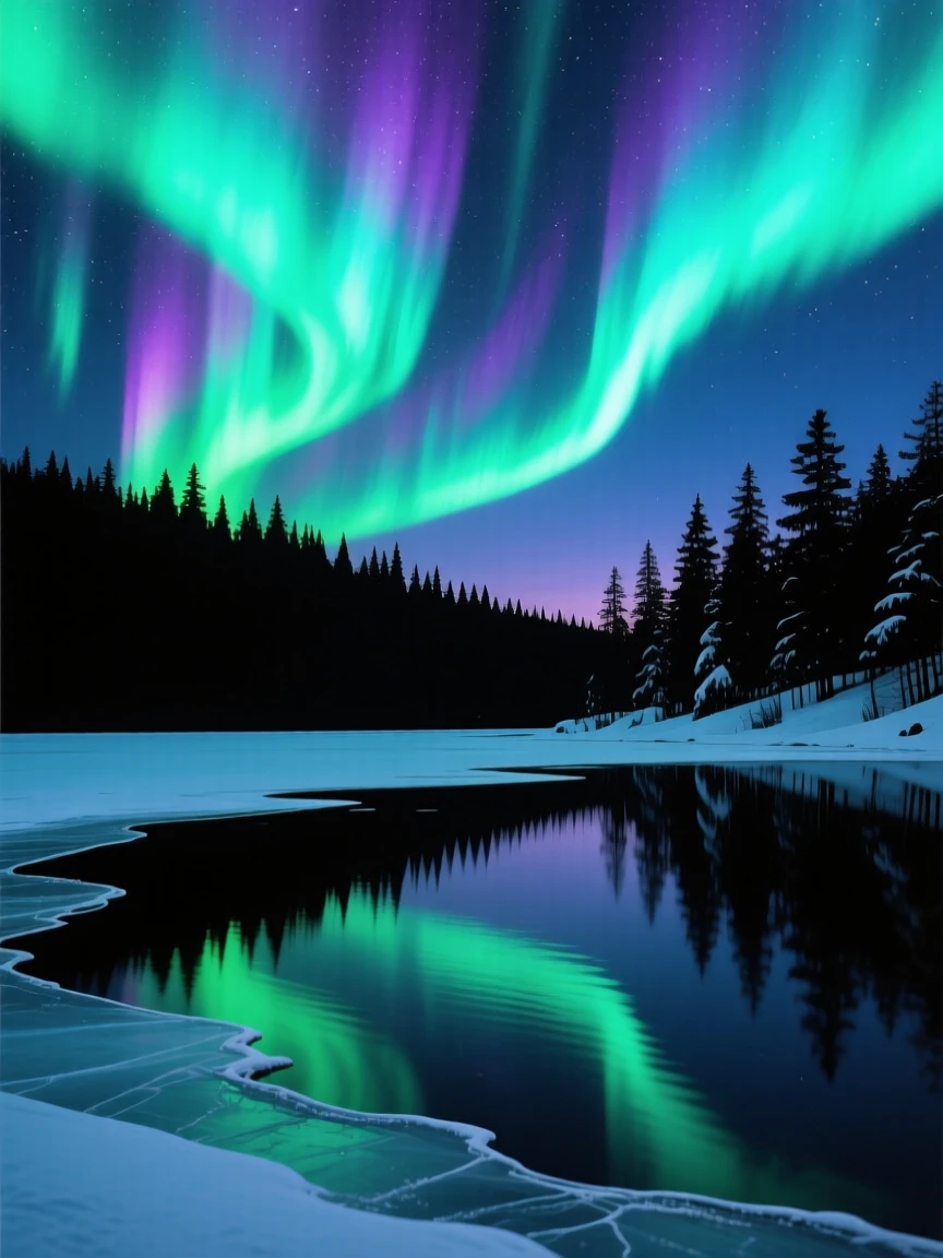 The northern lights reflected perfectly on the surface of a frozen lake.