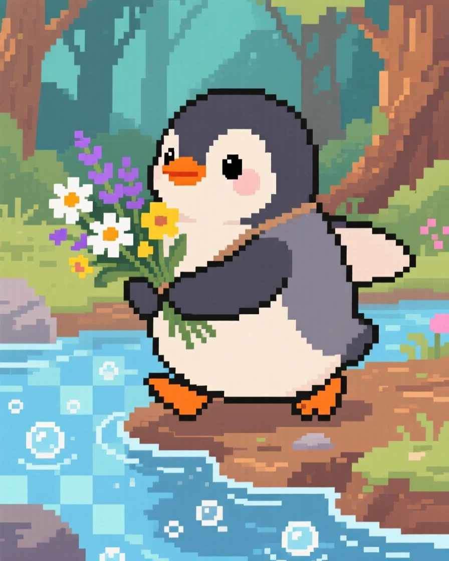 A plump baby penguin carrying a bundle of wildflowers home, beside a bubbling woodland stream.