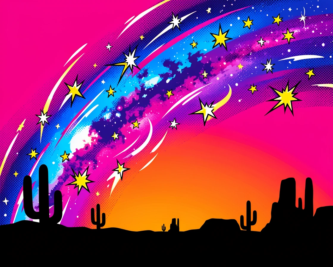 The Milky Way arching over a silhouetted desert landscape