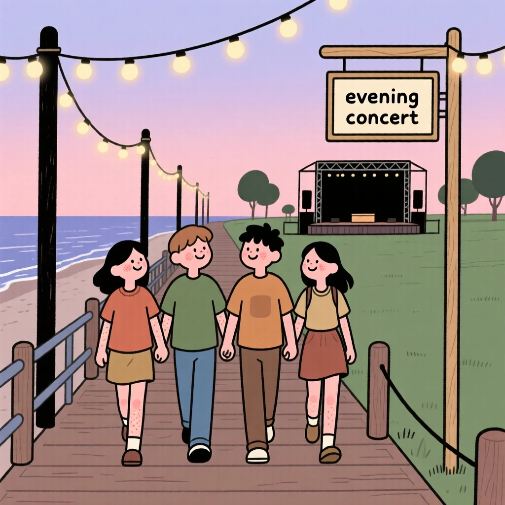 A group of friends link arms and walk down a seaside boardwalk lined with string lights overhead, heading toward an evening concert in the park.