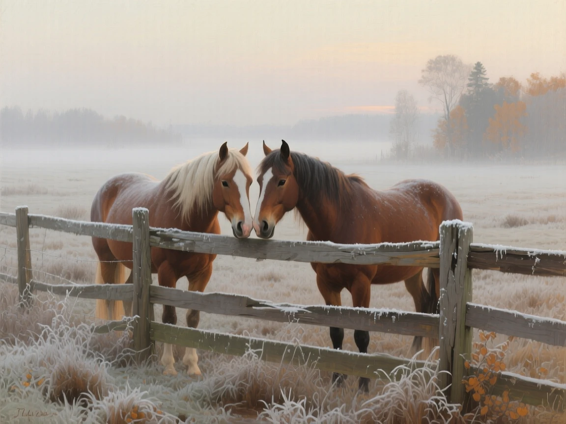 A grand panoramic scene of a pair of horses nuzzling over a wooden paddock fence, in thick fog, during the first frost of autumn.