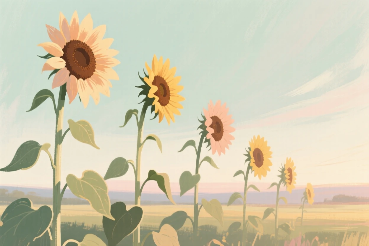 A row of sunflowers standing tall against a hazy summer horizon