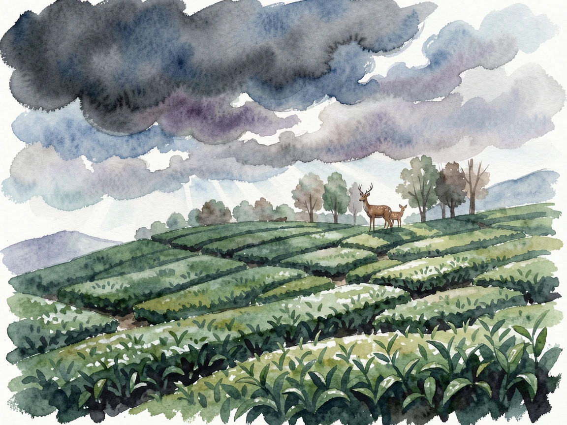 A tea plantation on a hillside as storm clouds gather with a family of deer at the tree line.