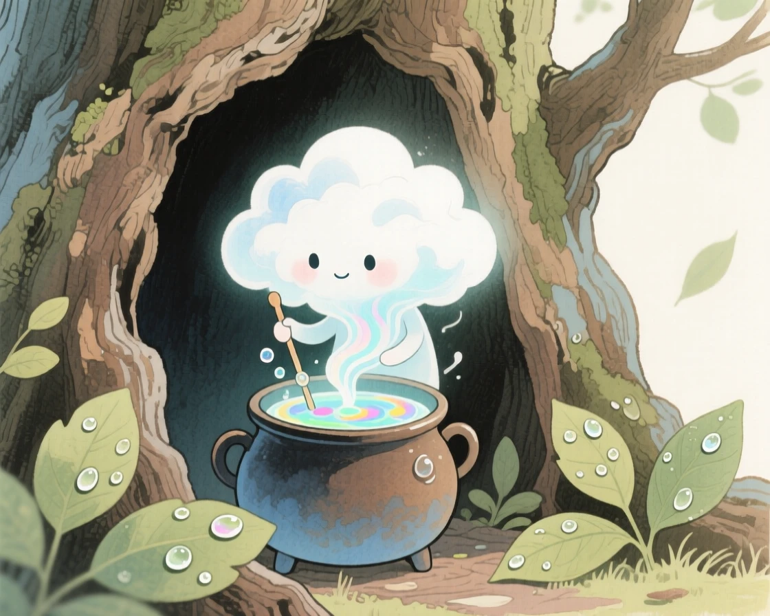 A tiny cloud spirit stirs a bubbling potion in a tiny cauldron in an ancient hollow oak, while dew glistens on every leaf