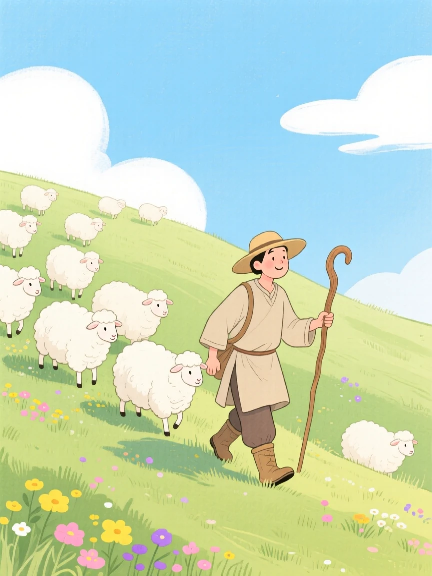 A picturesque view of a shepherd guiding a flock of sheep across a hillside.