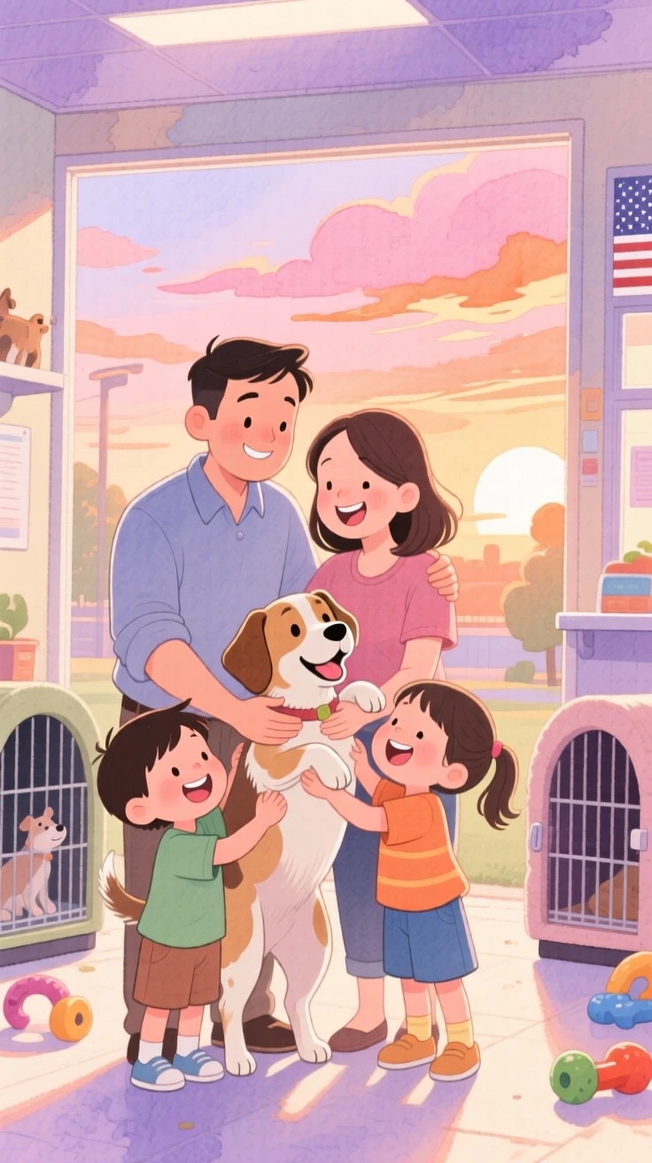 A rescued shelter dog being adopted by a joyful family at the shelter, under a sky painted with the soft colors of sunset, radiating kindness, hope, and heartfelt emotion.
