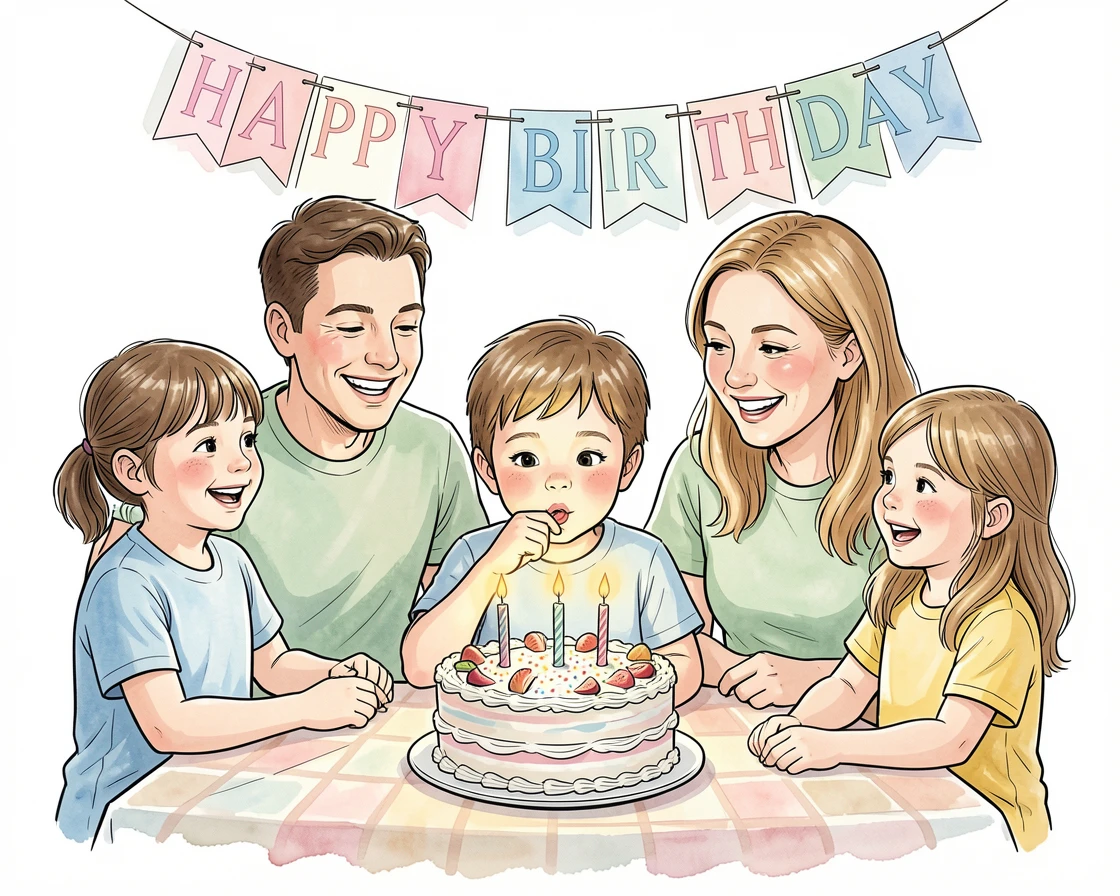 A child blowing out candles on a birthday cake surrounded by smiling family members