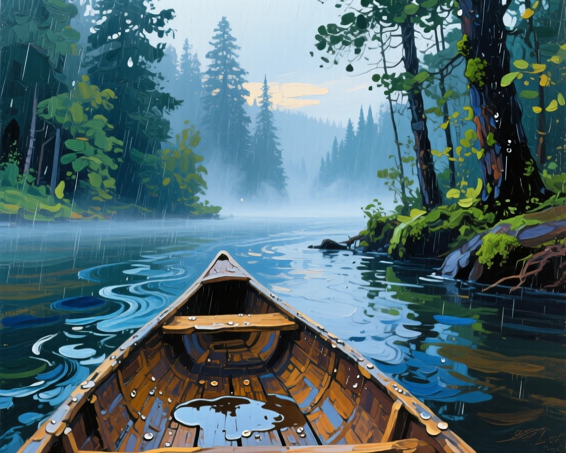 a canoe drifting through a misty forest river, after fresh rainfall, with a clear foreground, subject, and distant setting.