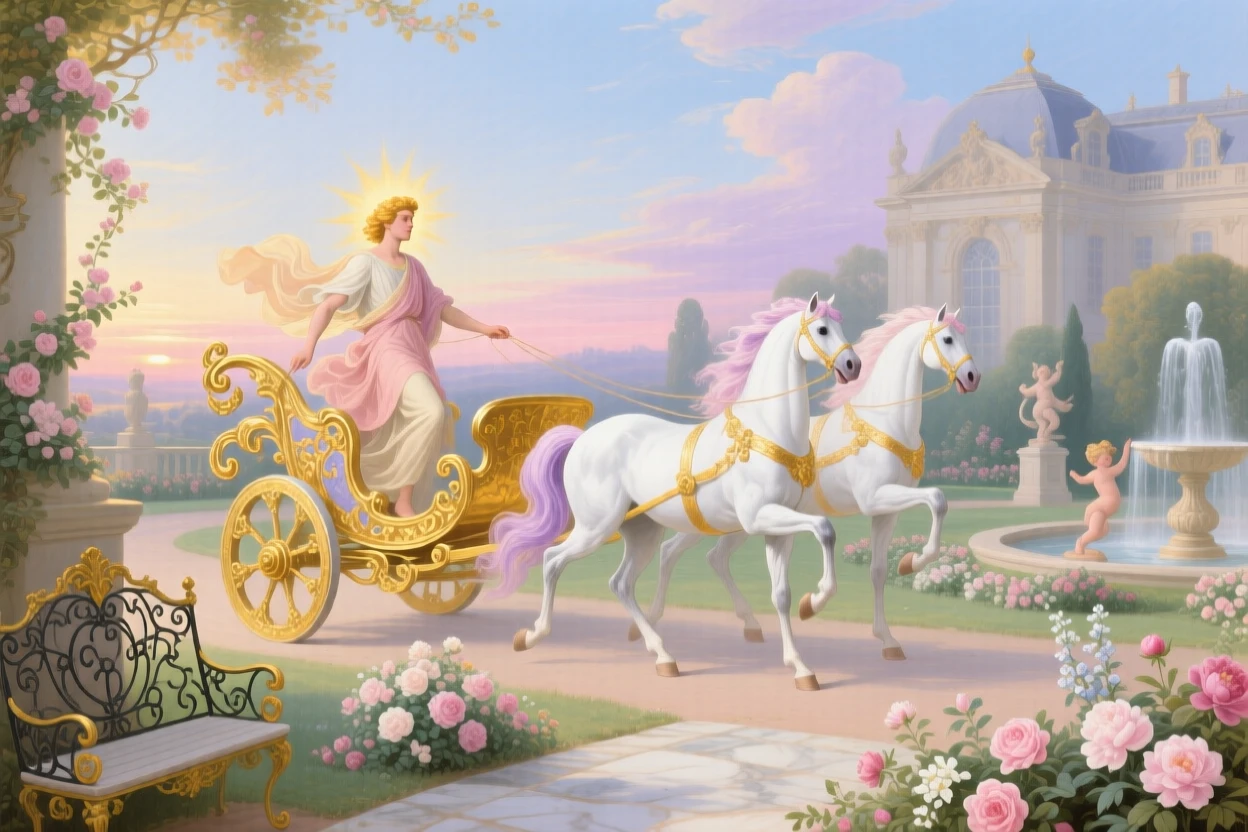 Apollo guiding his golden chariot over a palace garden at dawn  