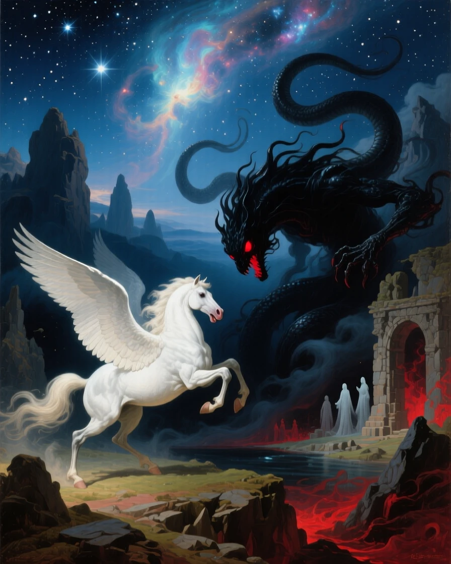 A winged horse battles a monster within a starlit realm beyond the mortal world while the world holds its breath.