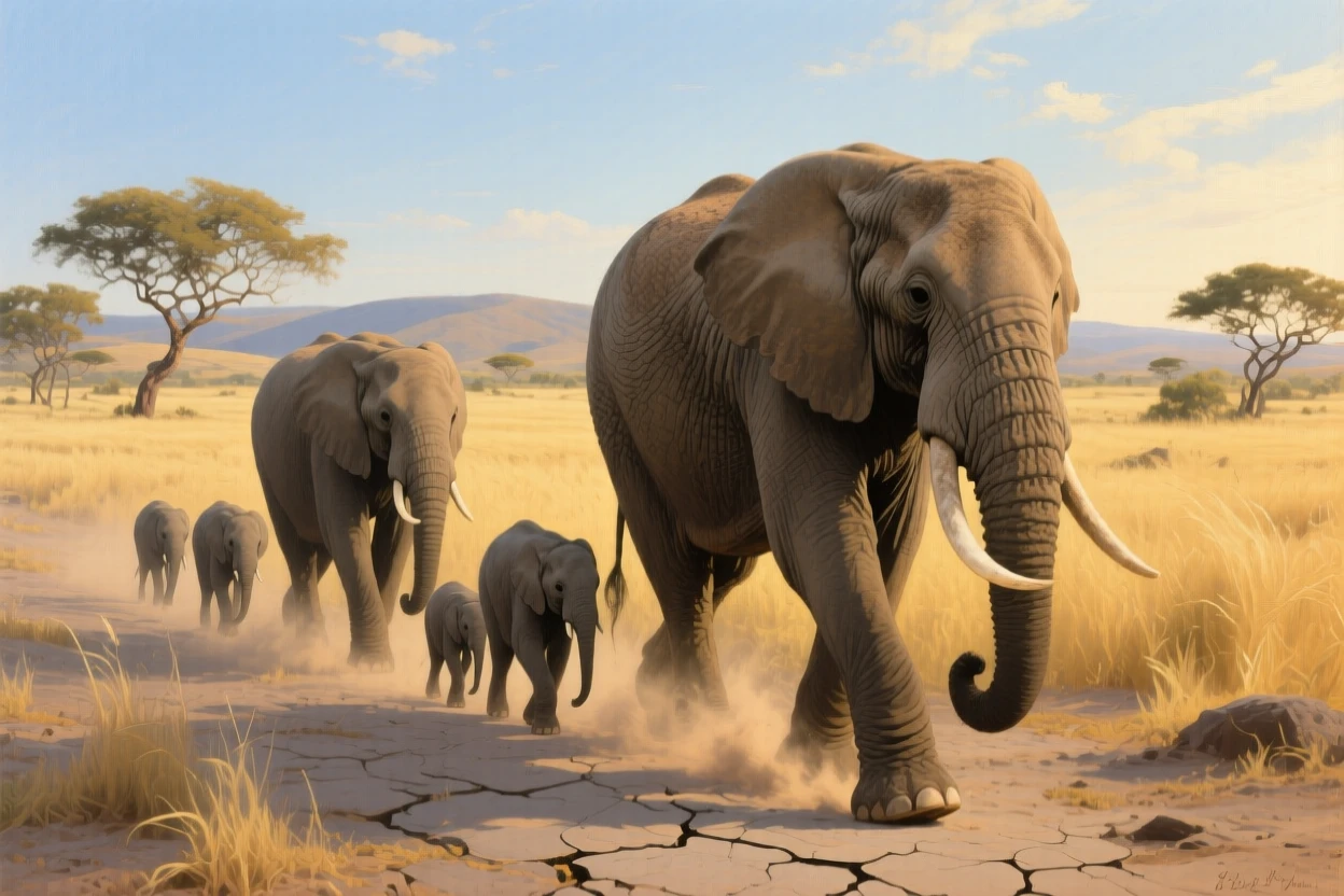 A family of elephants walking in a line across the African savanna, captured in a fleeting moment of pure wild instinct, highlighting the quiet majesty found in the natural world