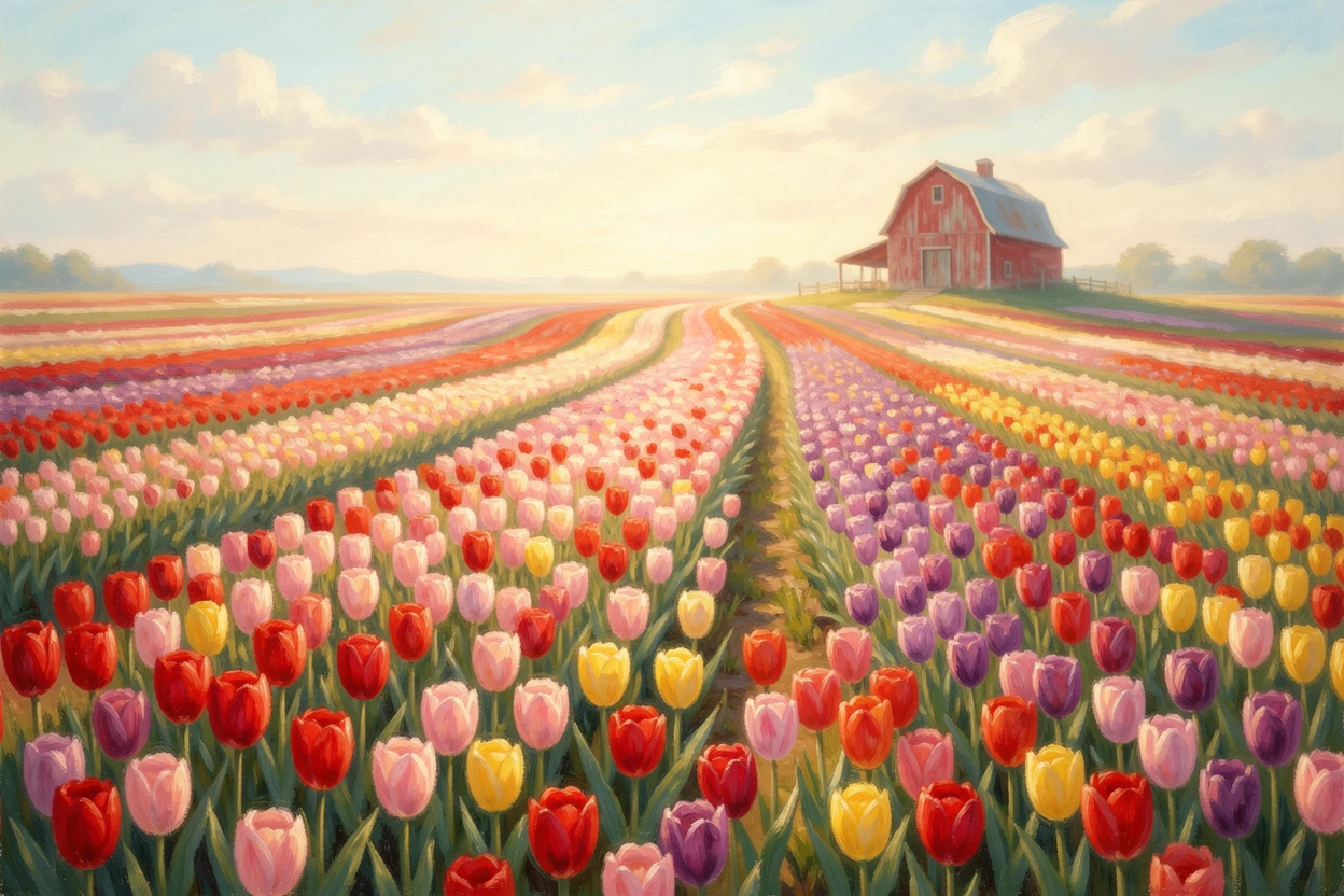 A field of blooming tulips arranged in perfect rows, a single red barn visible in the distance.