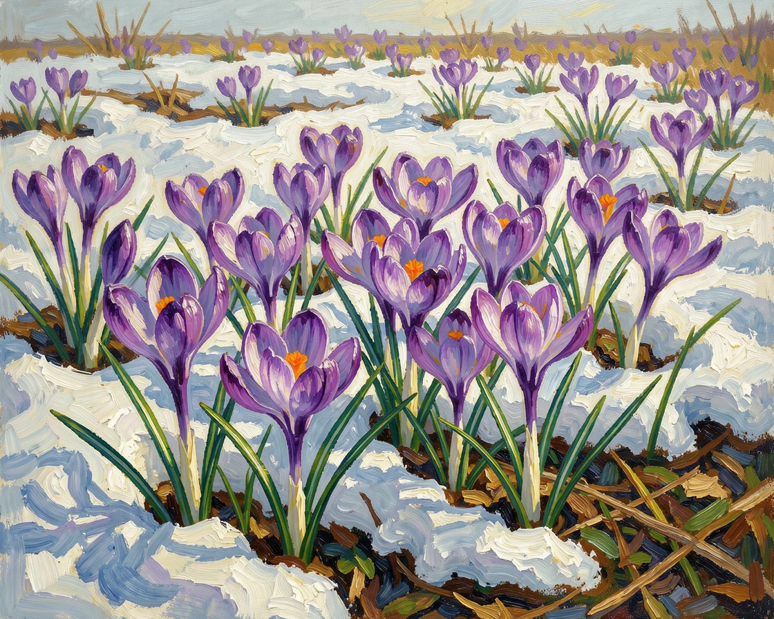 A field of purple crocuses pushing through the last patches of melting snow.