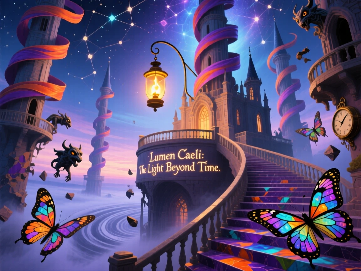 A palace whose towers twist like ribbons sits quietly at the edge of an endless staircase, and a single lantern burns at its highest point.