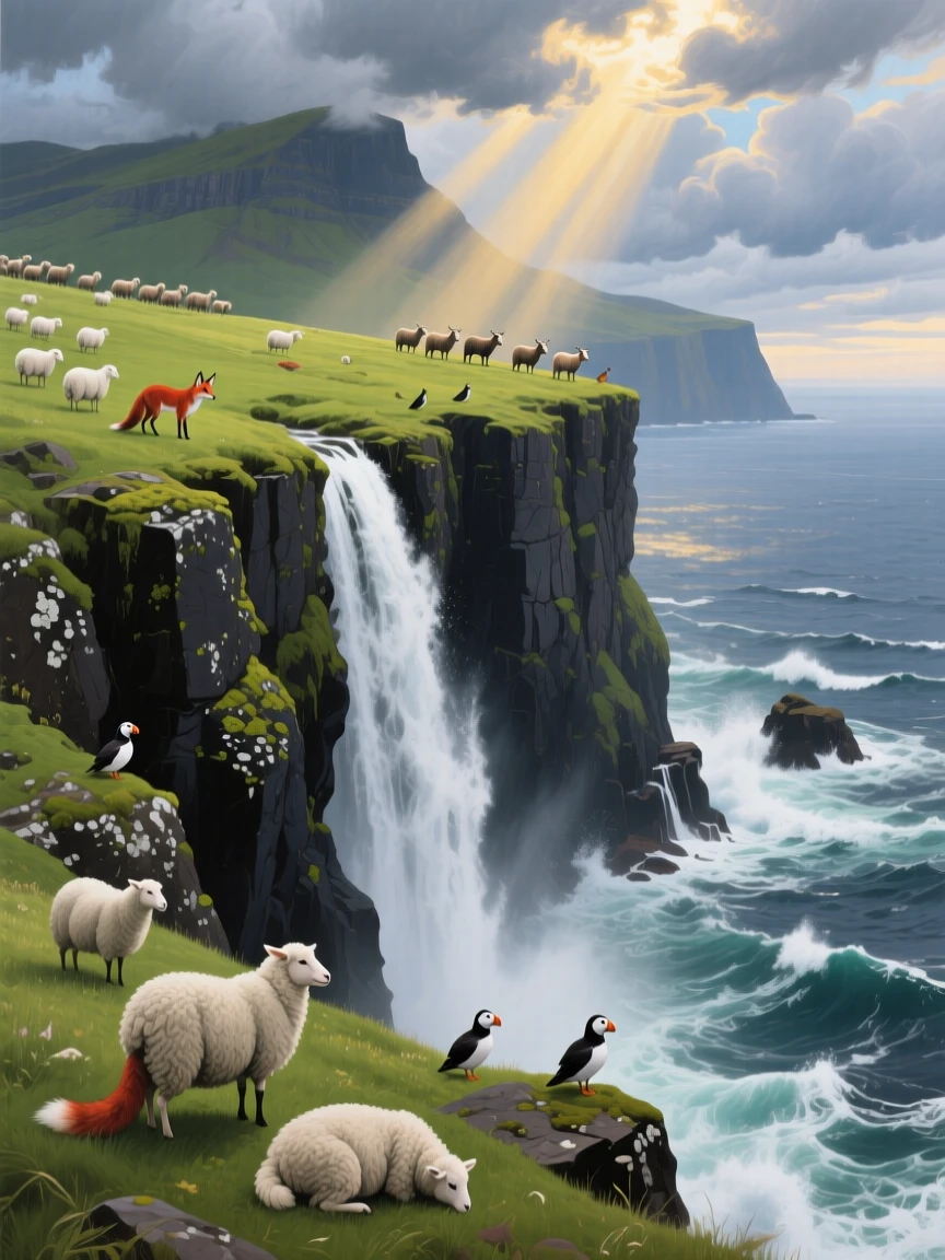 A dramatic waterfall in the Faroe Islands drops directly off a sea cliff into the ocean below, sheep grazing on the green clifftop, waves crashing far beneath, with scattered wildlife visible moving quietly through the middle distance of the composition.