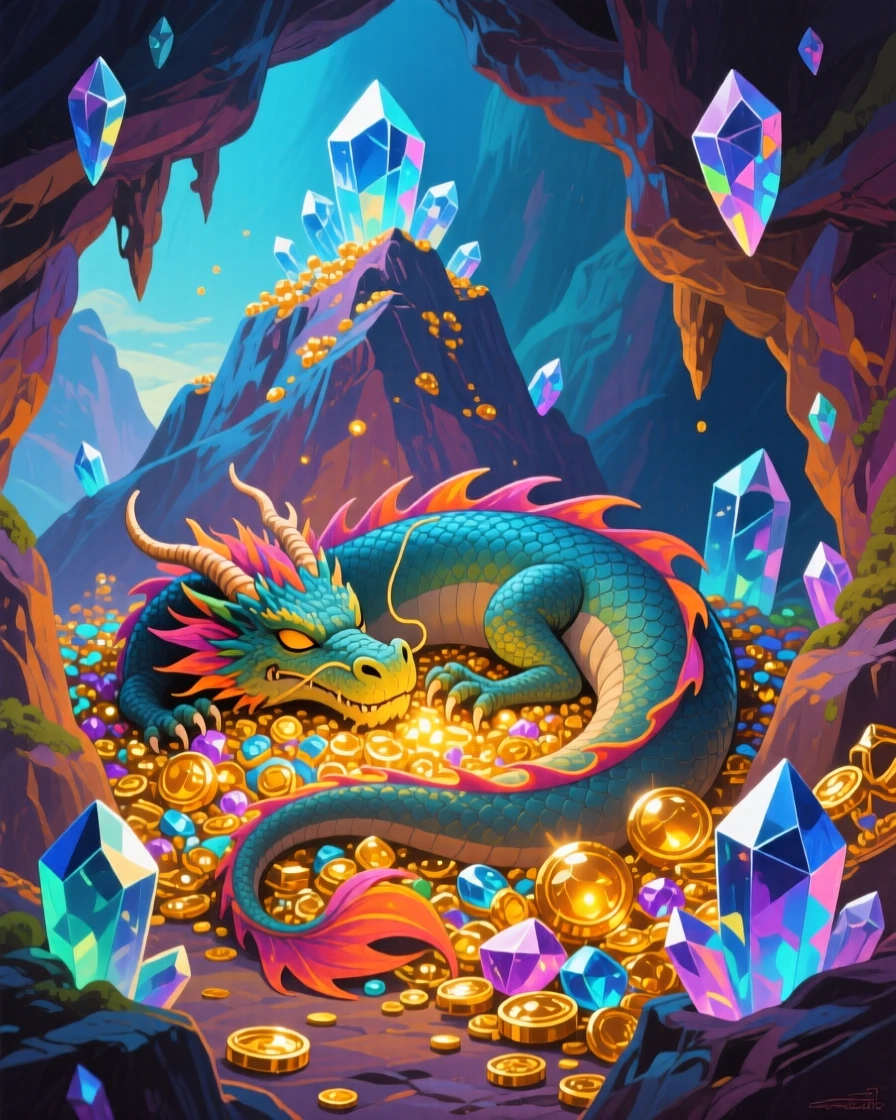 A hidden crystal cave where a sleeping dragon curls around a mountain of glowing treasure