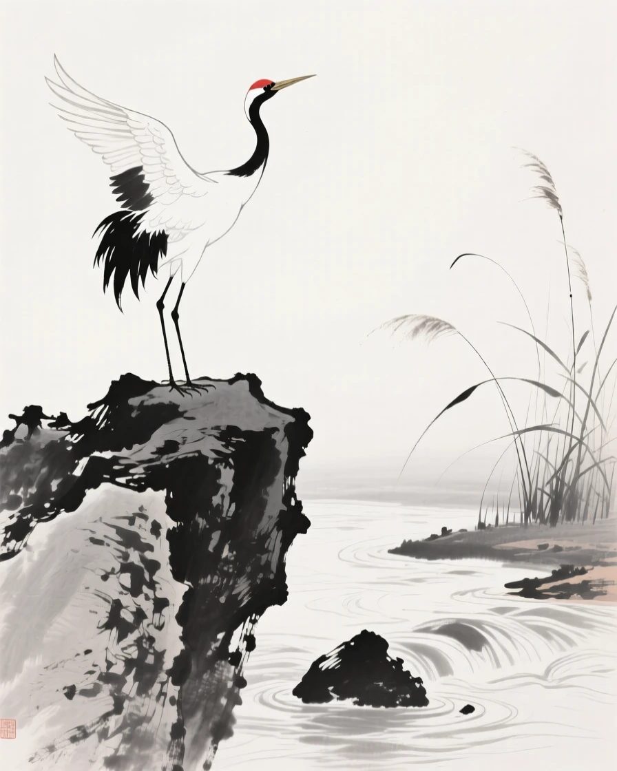 A crane stretches its wings on a rocky outcrop above a river, while reeds bend gently in the breeze.