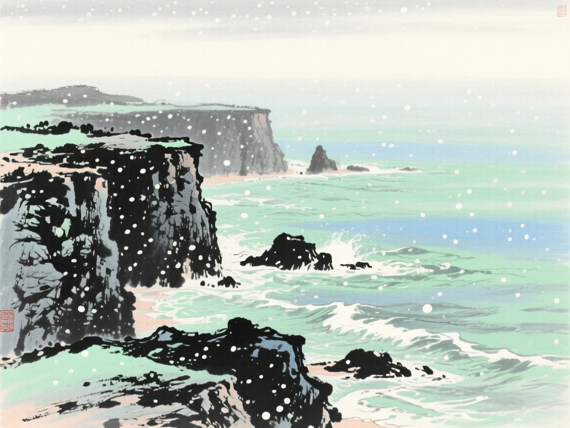 A rocky coastline where waves break gently against cliffs, touched with gentle melancholy, beneath softly falling snow.