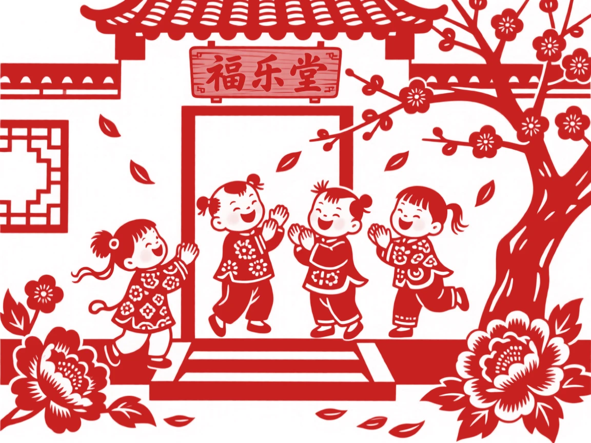 A cheerful group of playmates, playing a hand-clapping game on the front steps, petals drifting down around them from a nearby tree.