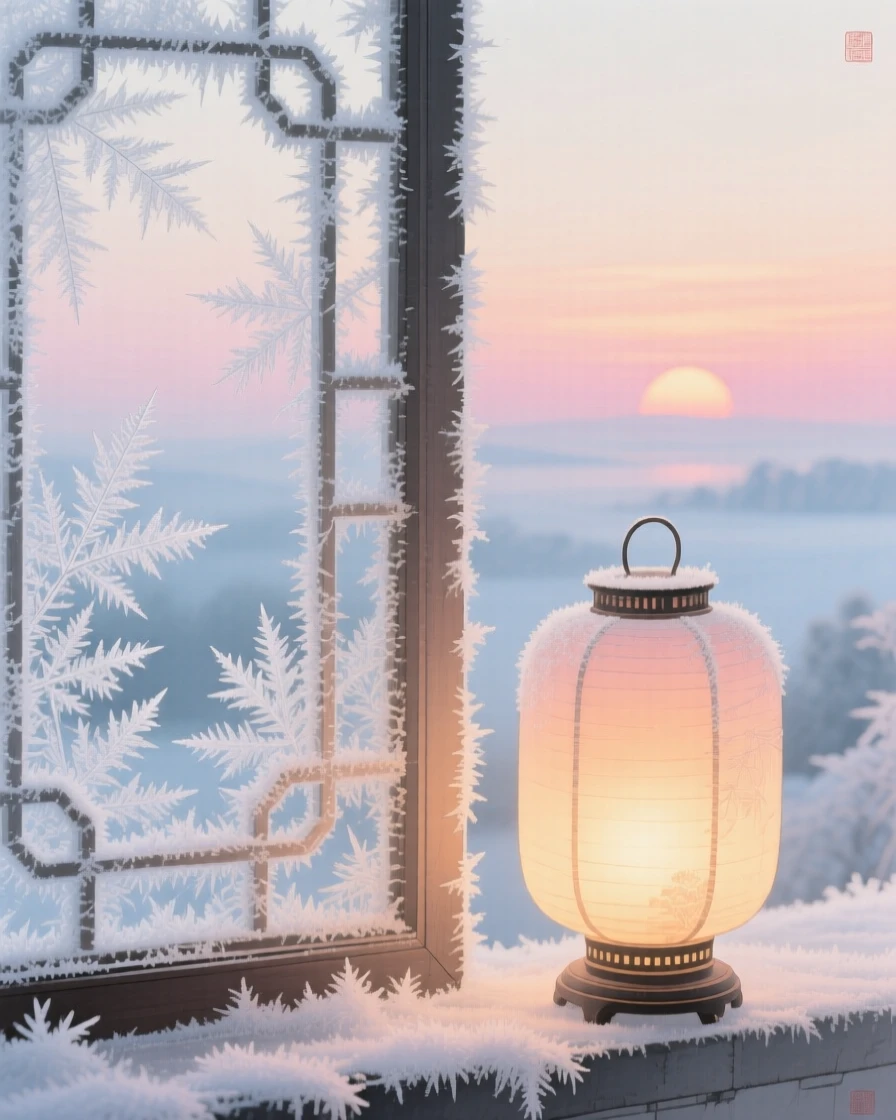 Frost patterns forming on a windowpane beside a glowing lantern, with the first light of dawn touching the horizon