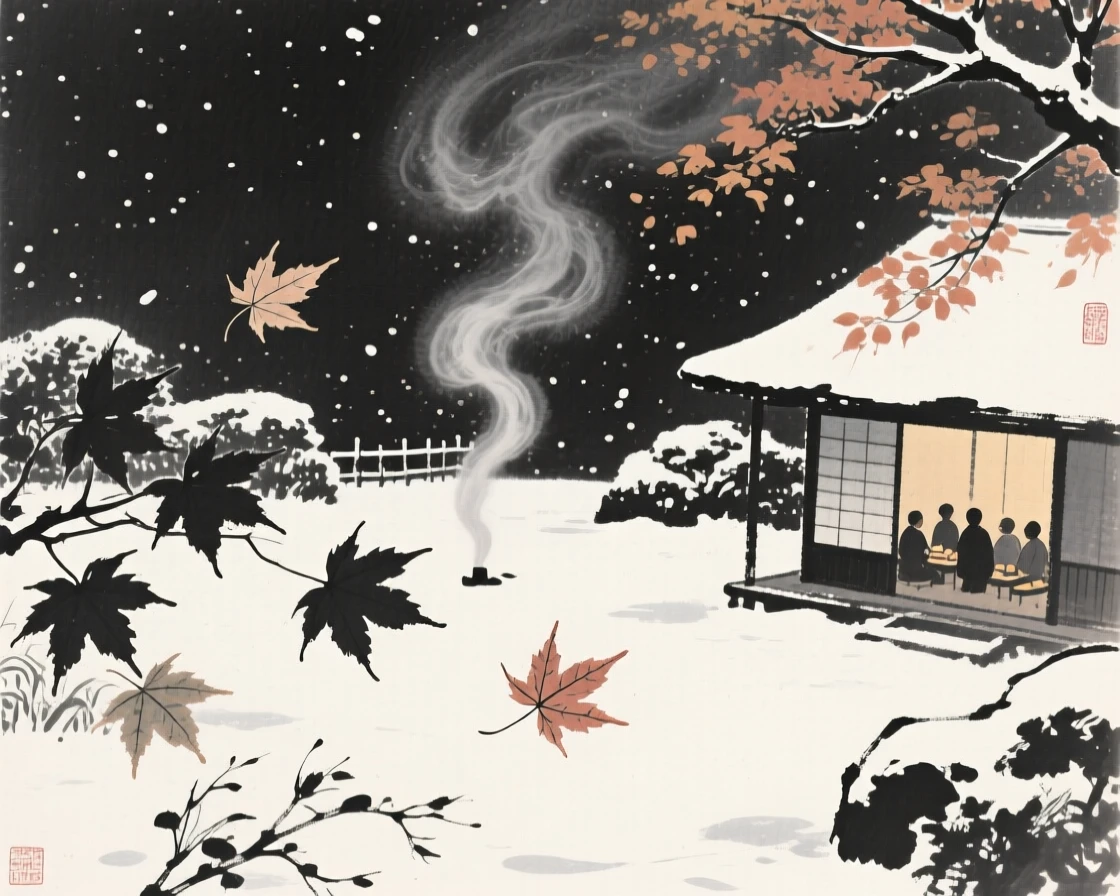 An autumn evening with drifting maple leaves and rising smoke within a snow-dusted garden, seen from a gentle elevated view over the gathering below, conveying cozy stillness and seasonal wonder.