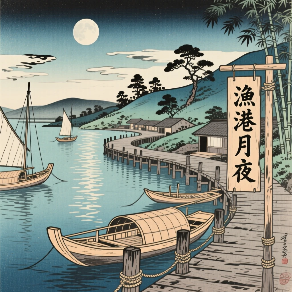 A curved fishing harbor beside weathered wooden piers, under a full moon.